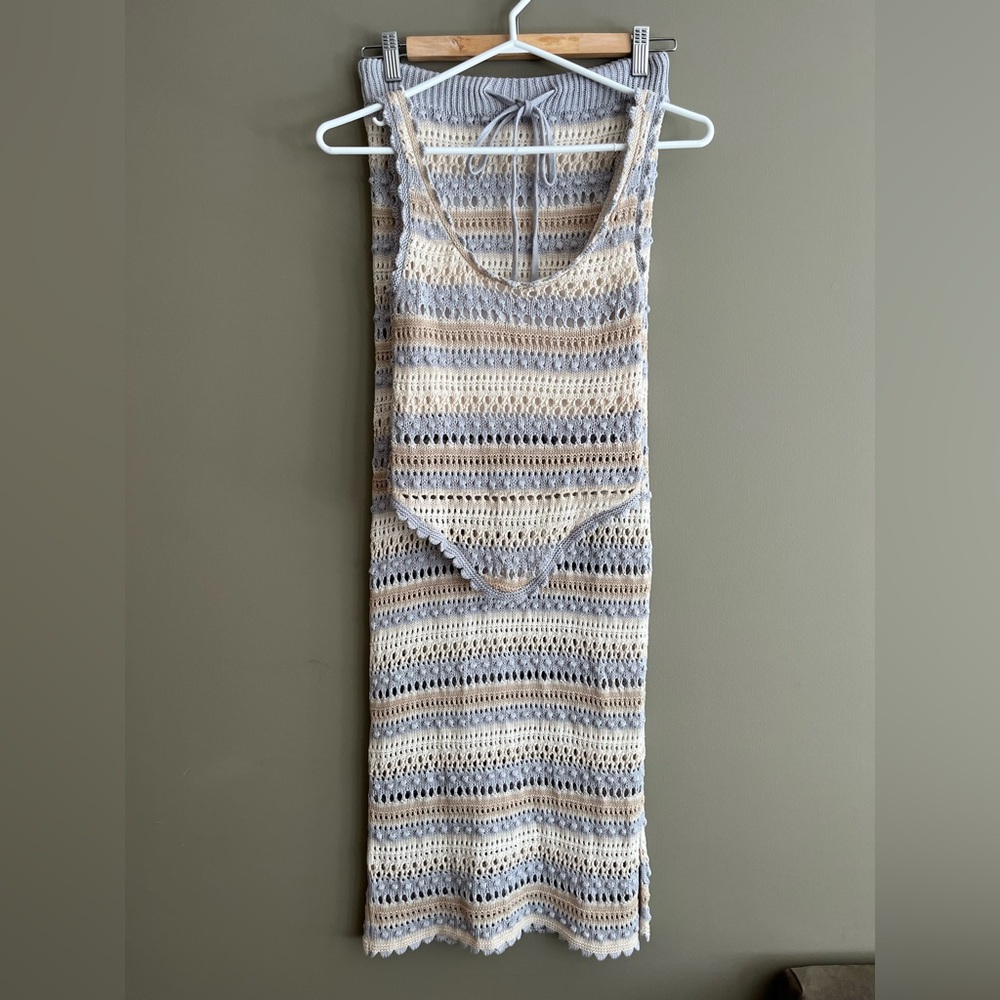 JESSICA SIMPSON Matching Crochet Set Maxi Skirt & Top - Blue & Cream size small - Picture 4 of 14